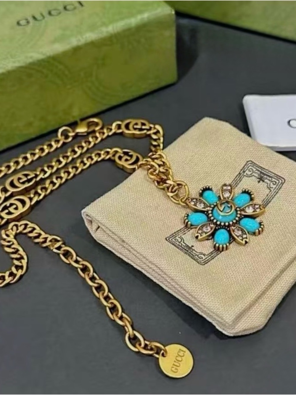 Gucci Old Gold-Tone Necklace with Turquoise Flower Motif